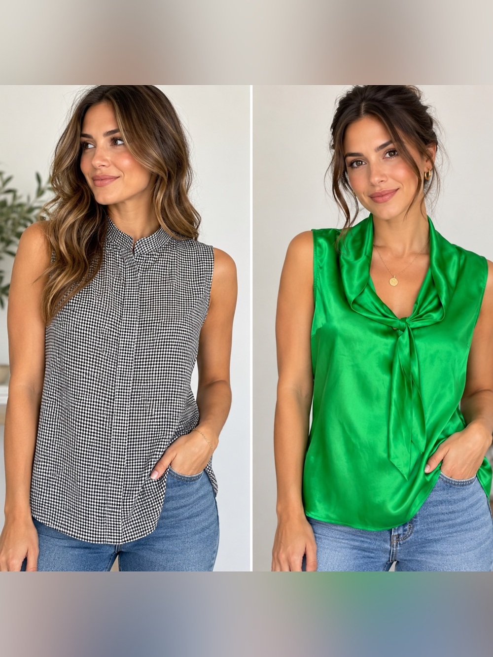 (2 sleeveless tops) Talbots  gingham print & Ann Taylor Green Satin